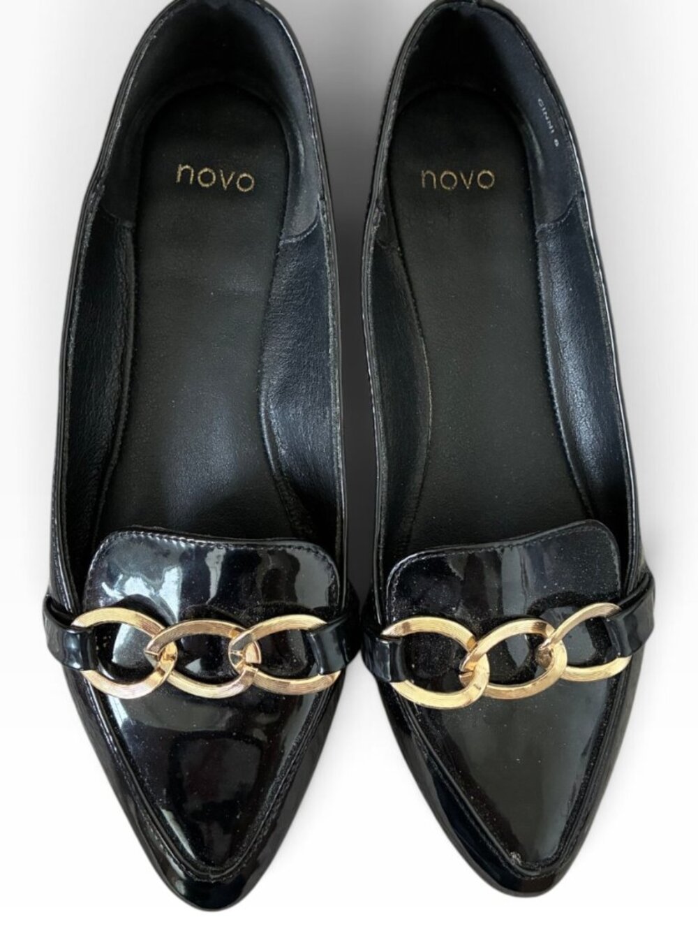 Novo Black Patent Pointed-Toe Chain Loafers